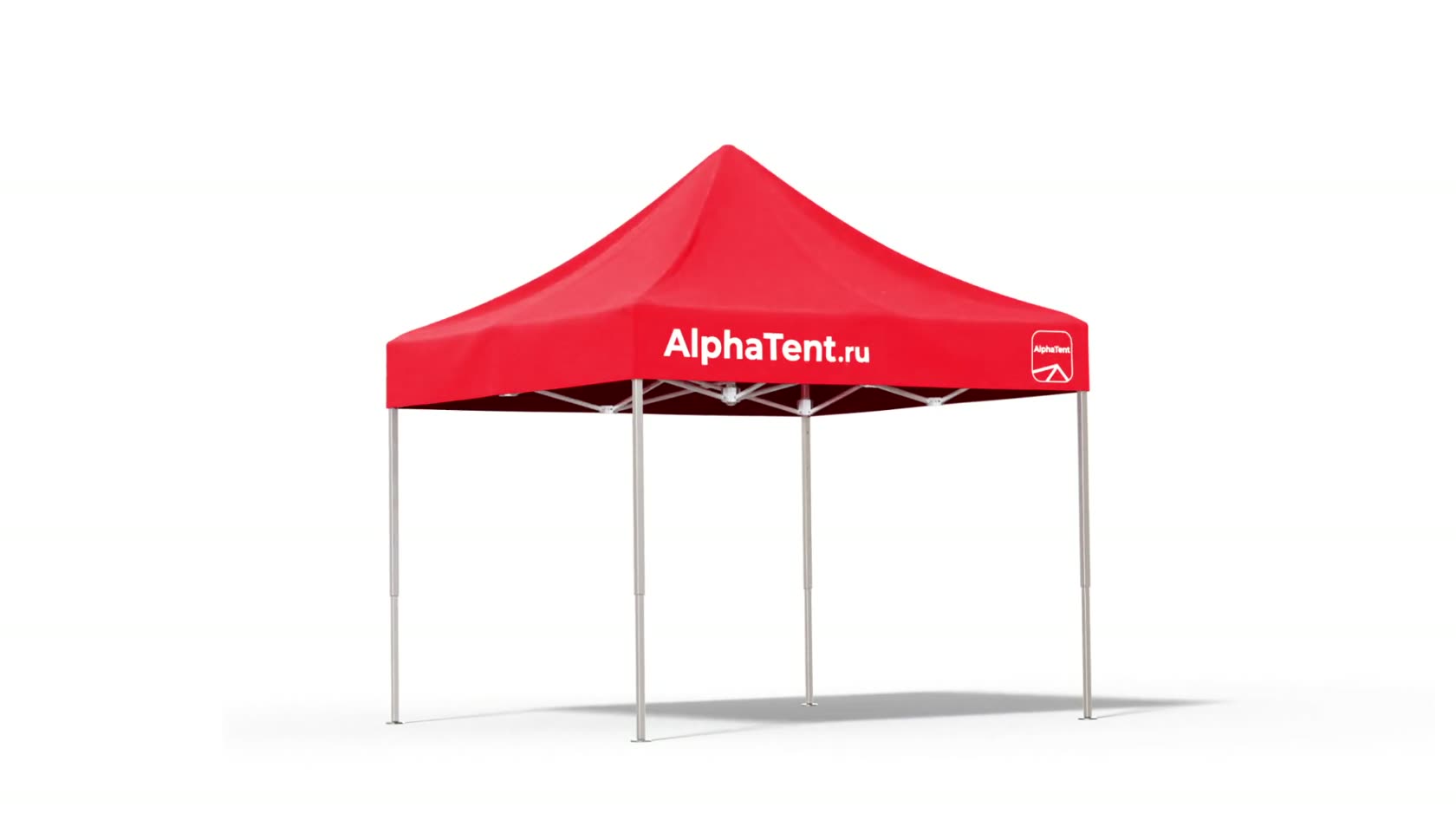 Alphatent canopy tent — fully opened, tent roof with the logo