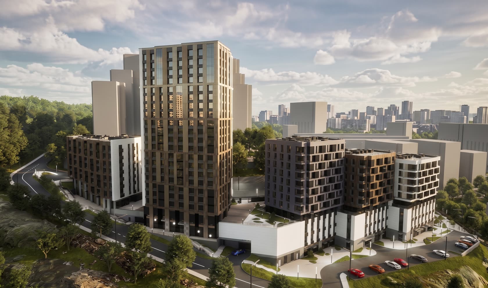 Interactive residential environment — elevated view of the whole complex with roads and trees