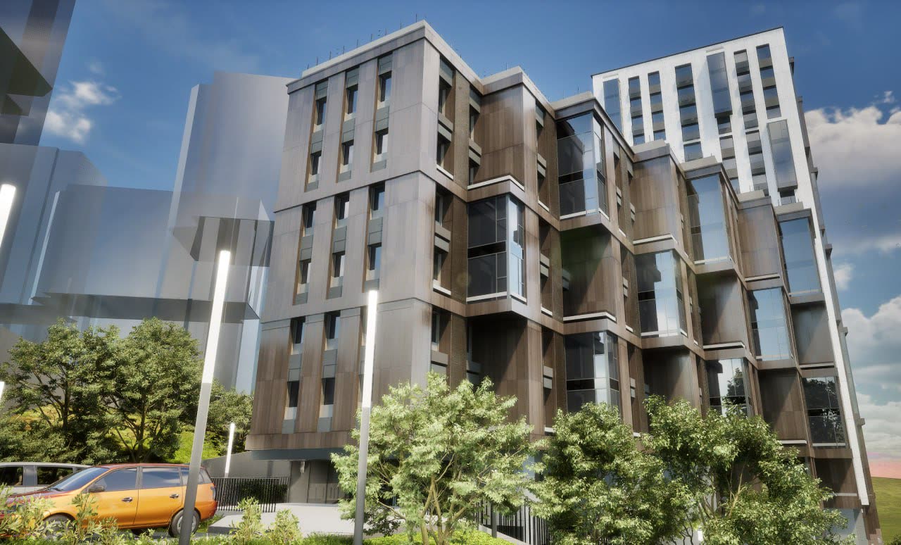 Interactive residential environment — daytime view of the buildings from street level