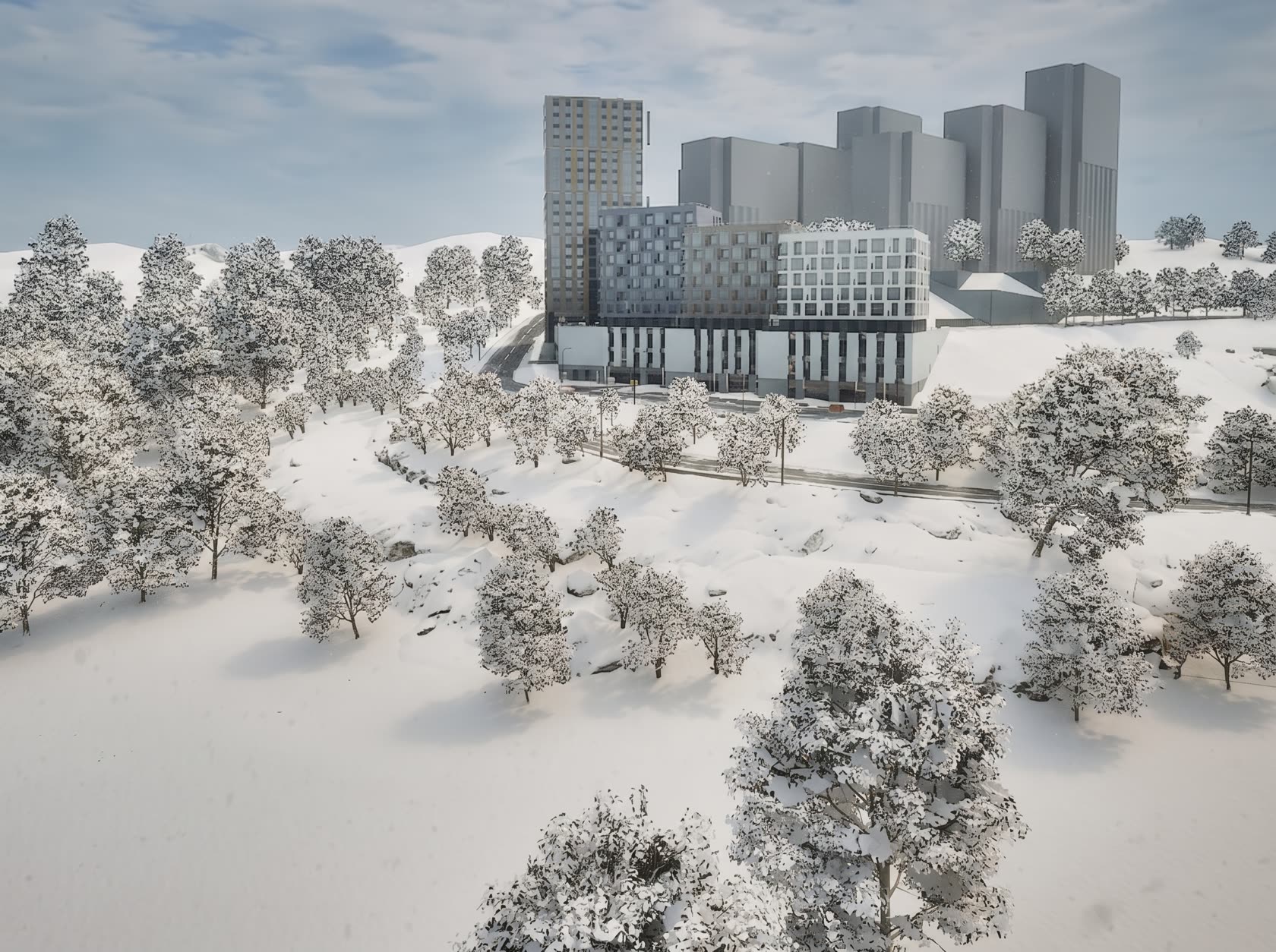 Interactive residential environment — winter aerial view, snow-covered hills and trees