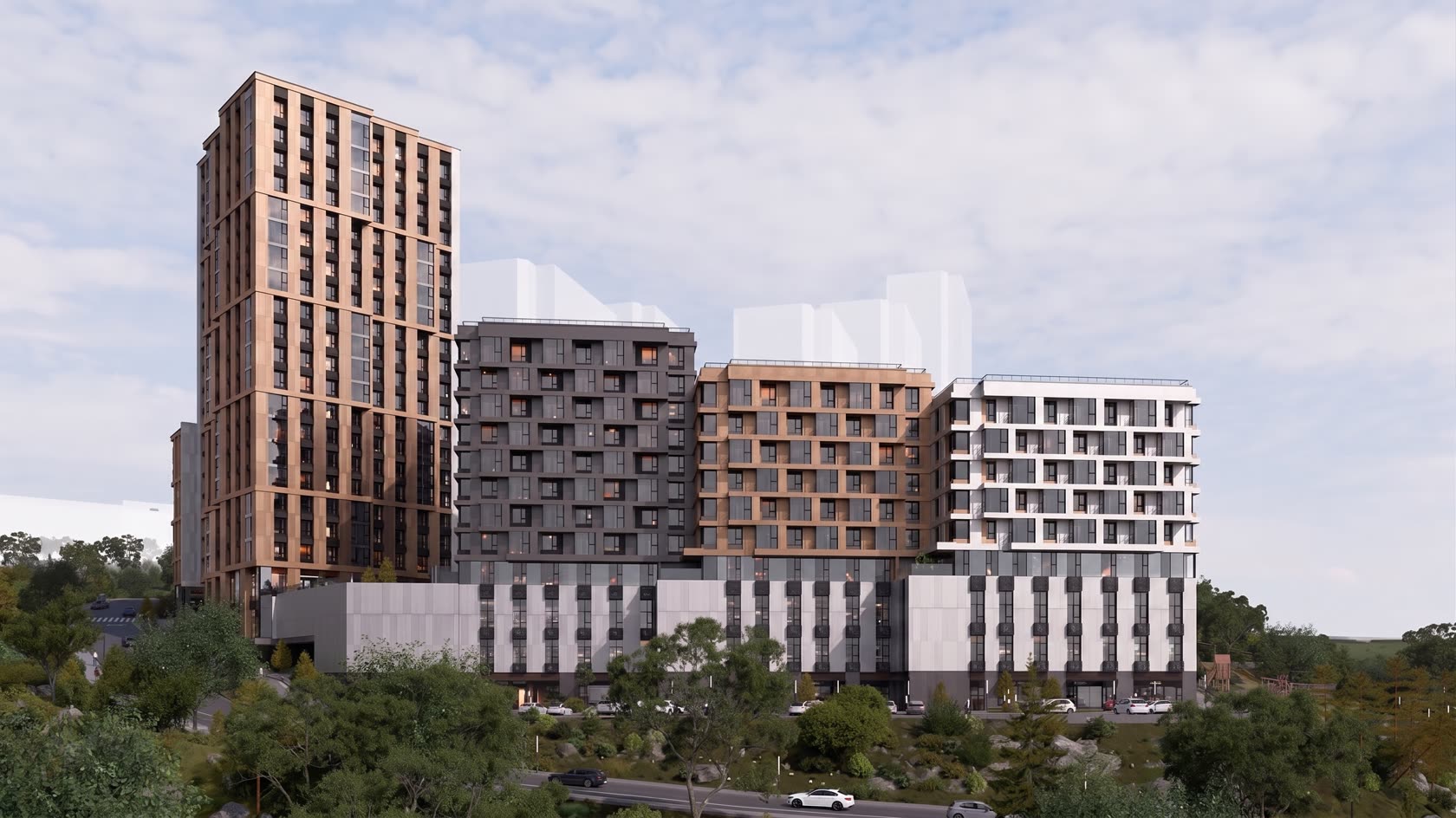 Interactive residential environment — the complex towers against the sky with a road and trees