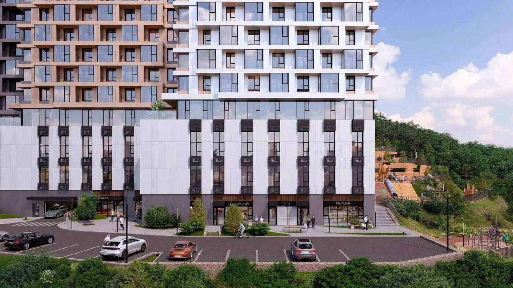 Residential complex — interactive 3D environment in Unreal Engine 5, view of the building facade with parking and landscaping