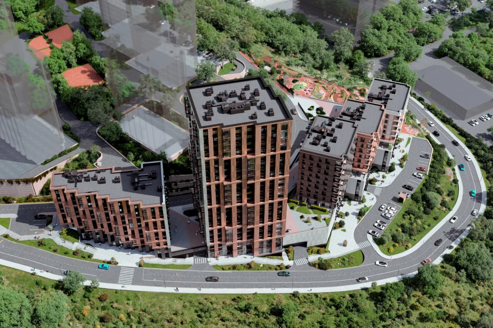 Interactive residential environment — aerial view, quarter with landscaping