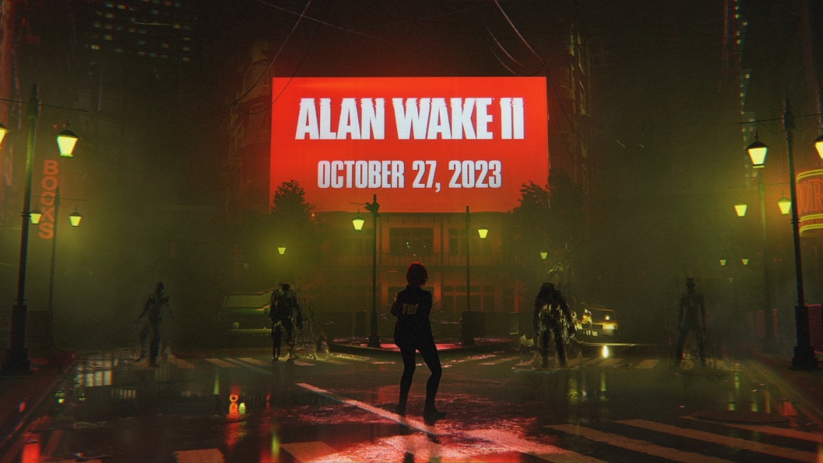 Фанатский трейлер Alan Wake 2 — ночная улица с красным билбордом и силуэтами, атмосфера дождя и тумана