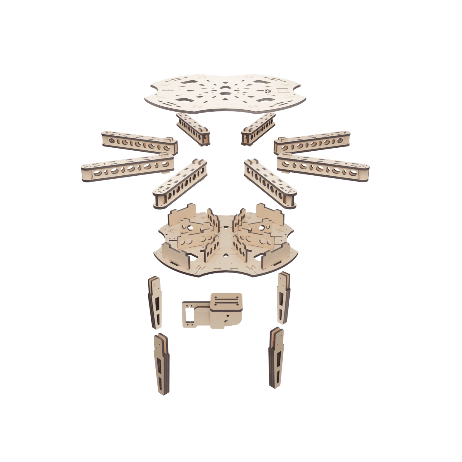Tyoshcha FPV drone frame, exploded view with the parts separated