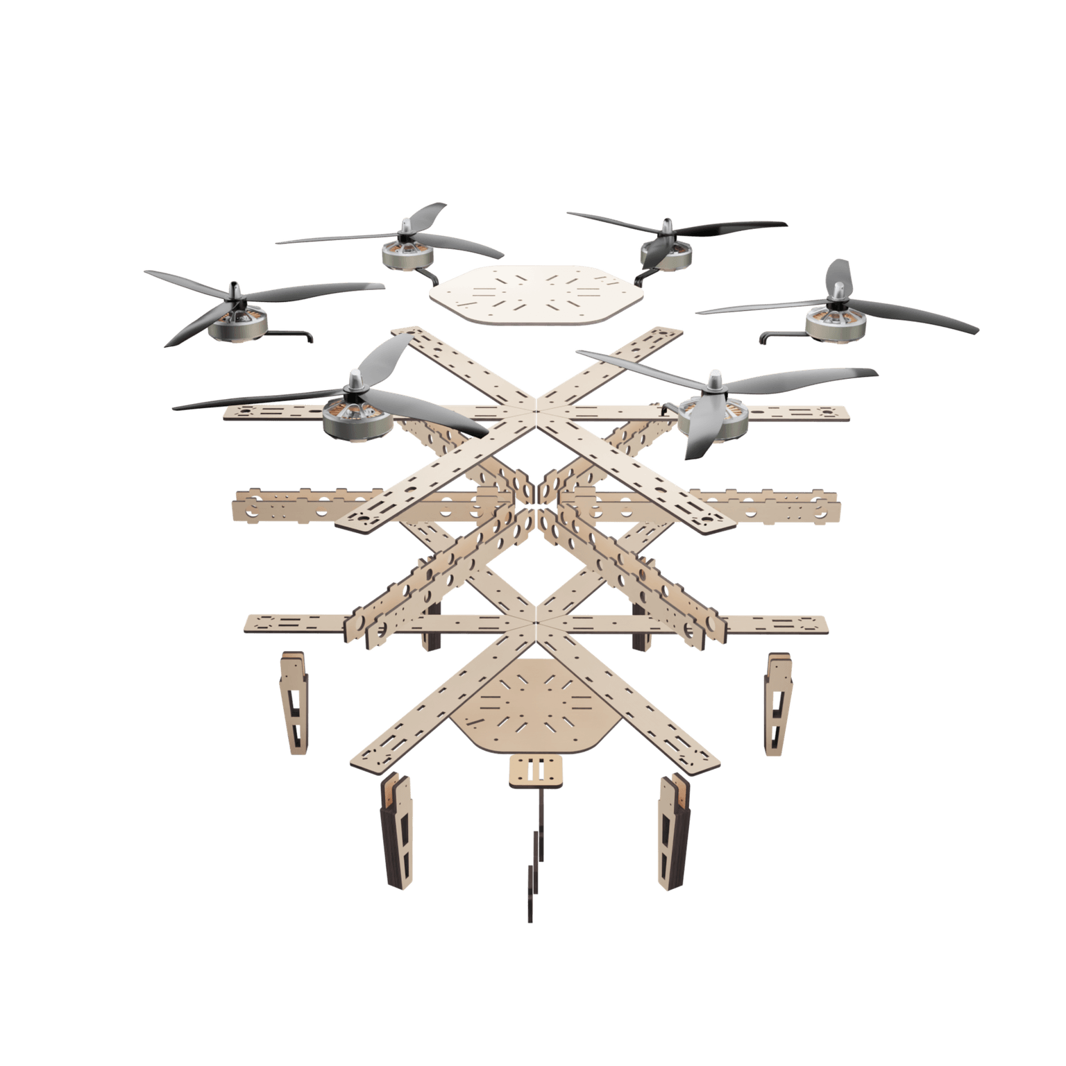 Kashchey FPV drone frame, exploded view with the parts separated