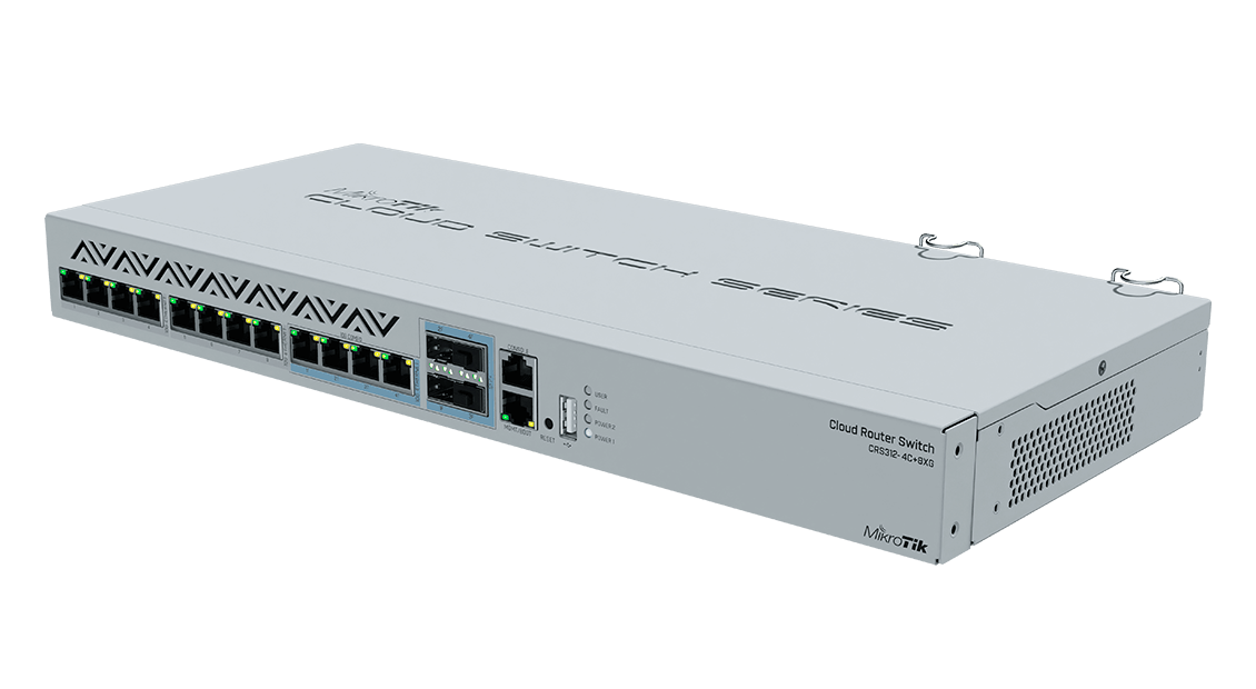 A rack-mounted MikroTik Cloud Router Switch with Ethernet and SFP ports on a white background