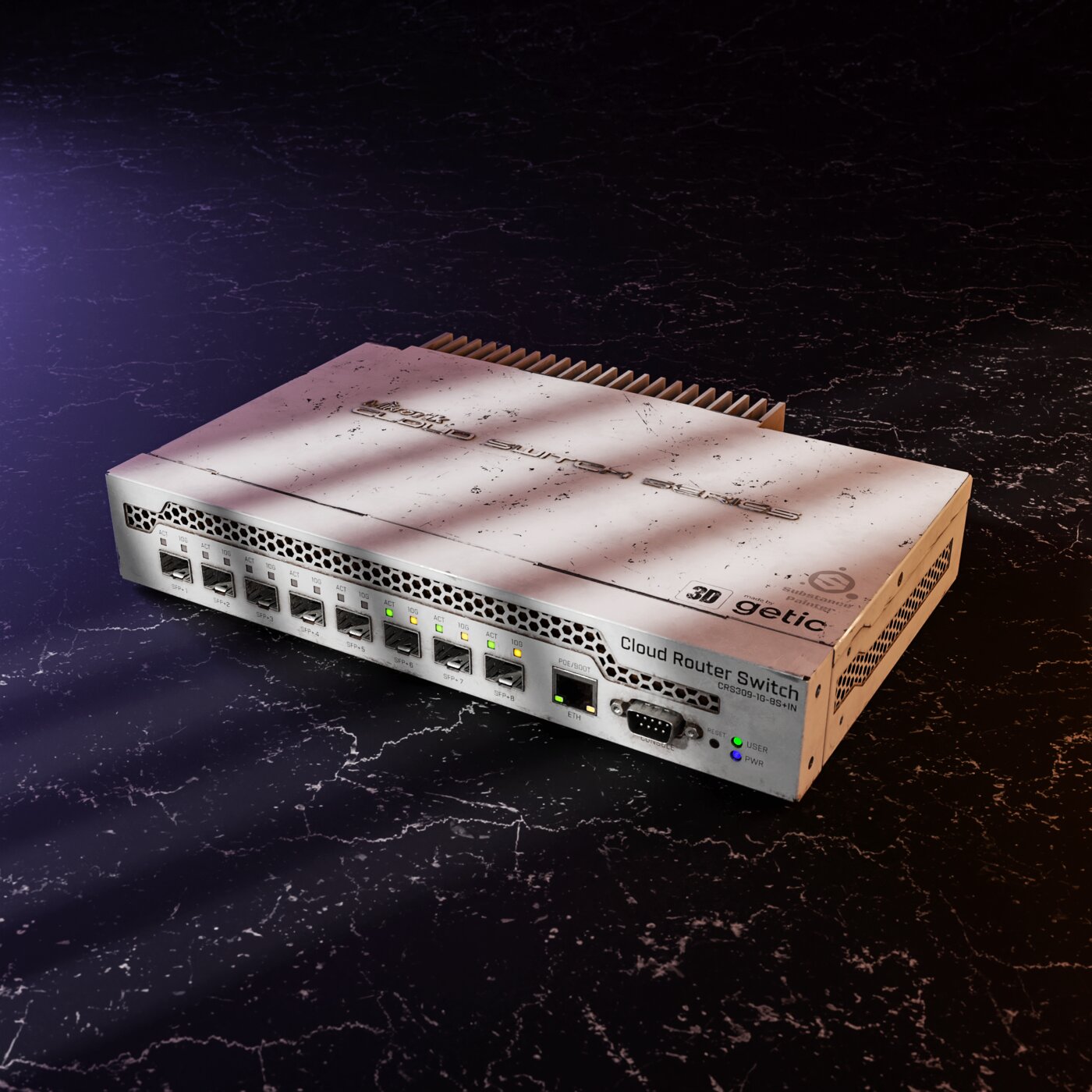 A MikroTik CRS309 switch on a marble surface lit by diagonal light