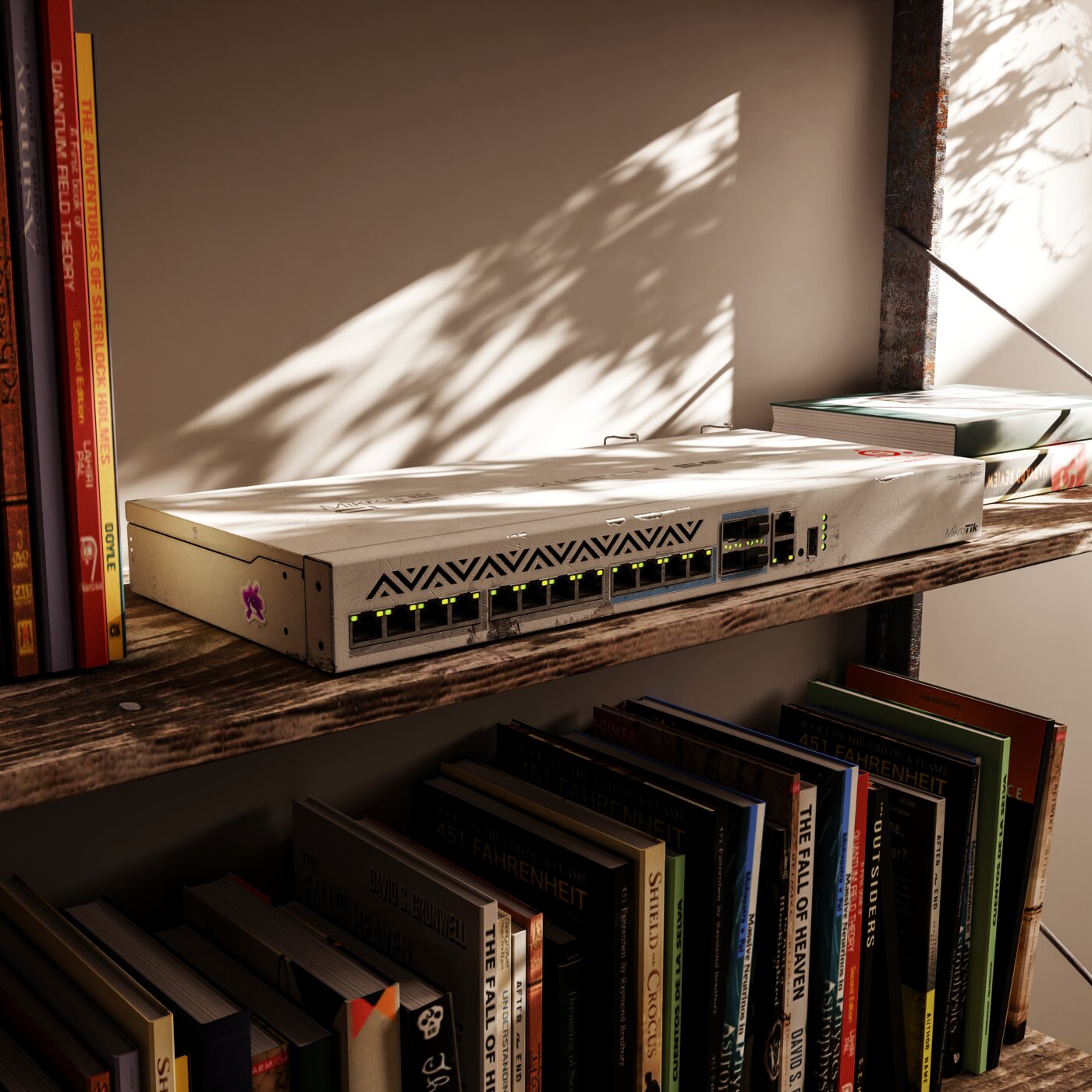 A MikroTik CRS312 switch on a wooden shelf with books in sunlight