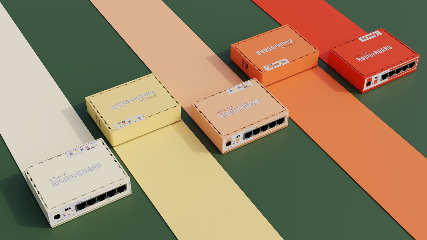 Five switches in pastel colours on diagonal colour bands