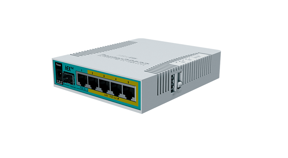 A white MikroTik hEX PoE router with five Ethernet ports on a white background