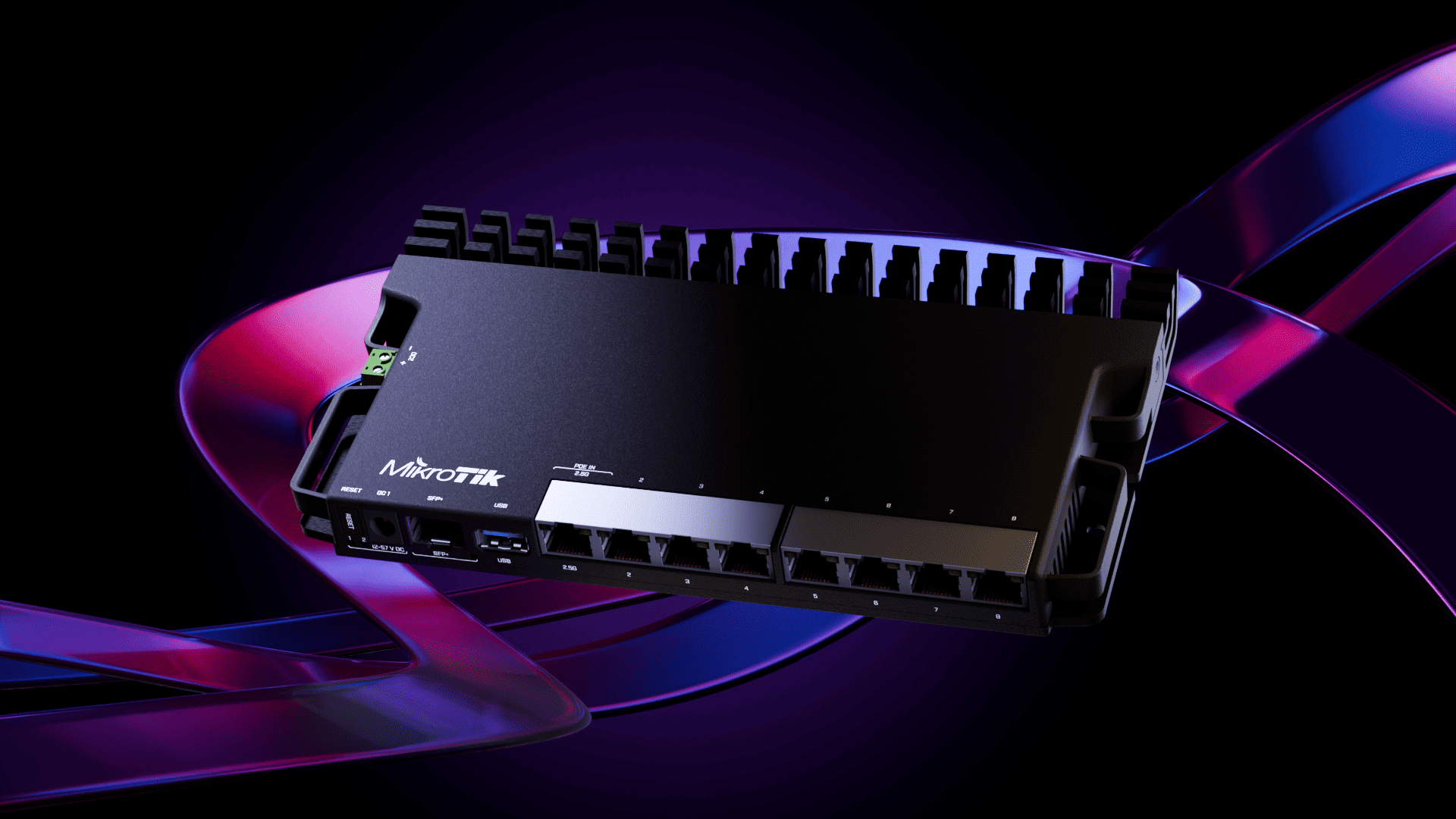 A black MikroTik router with cooling fins against purple and pink light strips