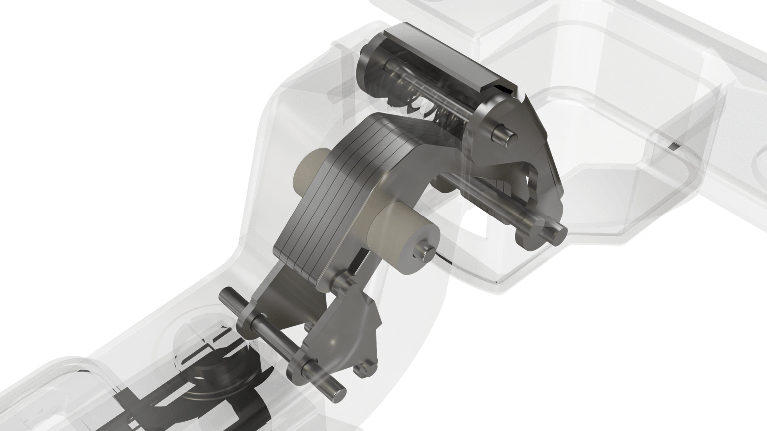 HARDI hinge arm at an angle — render in a translucent housing