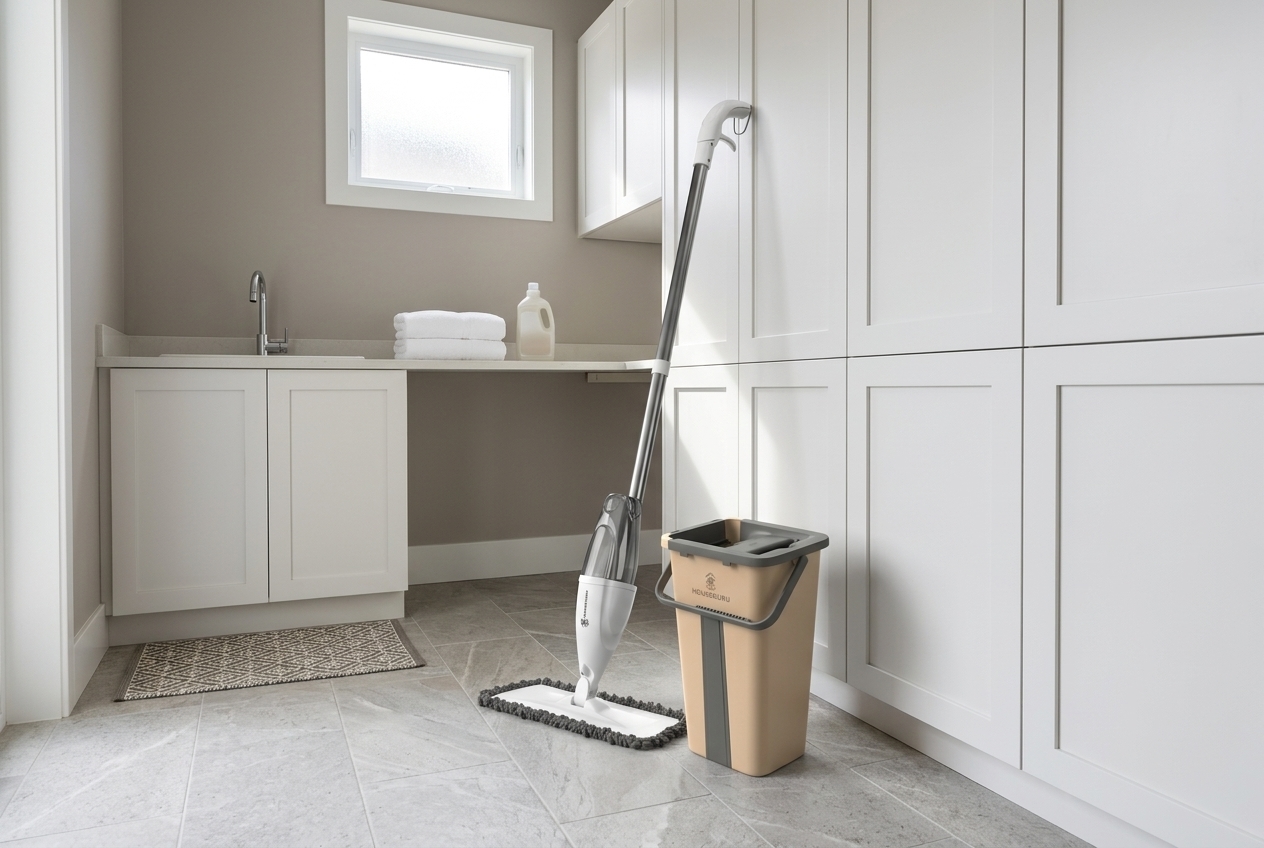 A House Guru spray mop and a beige bucket in a bright laundry room