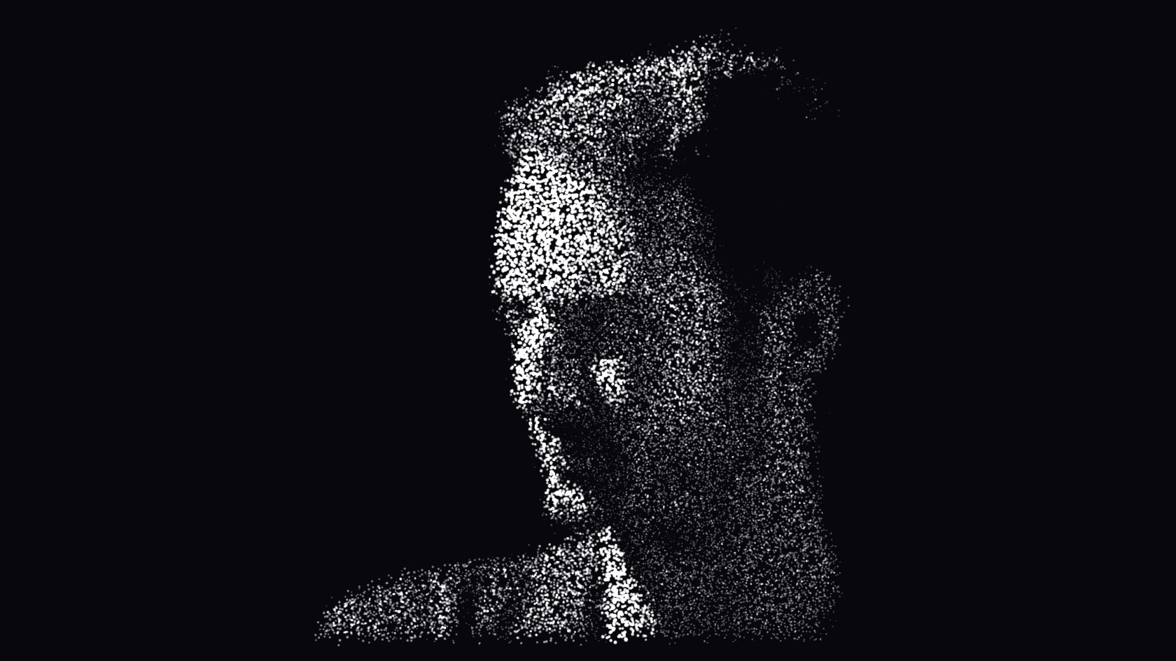 A man's portrait in profile made of glowing dots on a black background