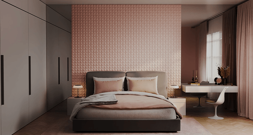 A bedroom with a double bed, pink-toned wall panels, wardrobes and a dressing table by the window