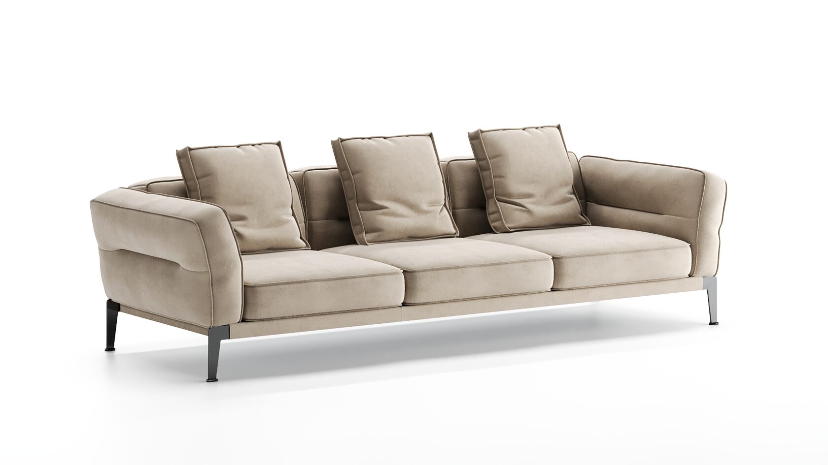 A three-seat beige sofa with cushions on metal legs against a white background