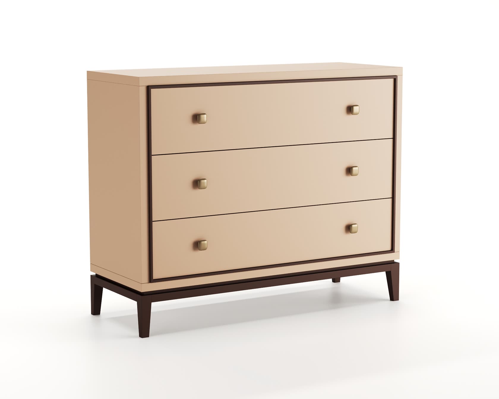 A beige chest of drawers with three drawers and brass handles against a white background