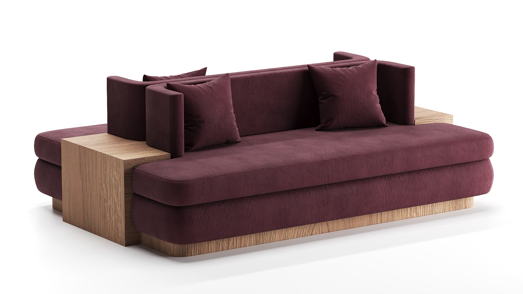 A burgundy sofa with a wooden base and built-in side tables against a white background