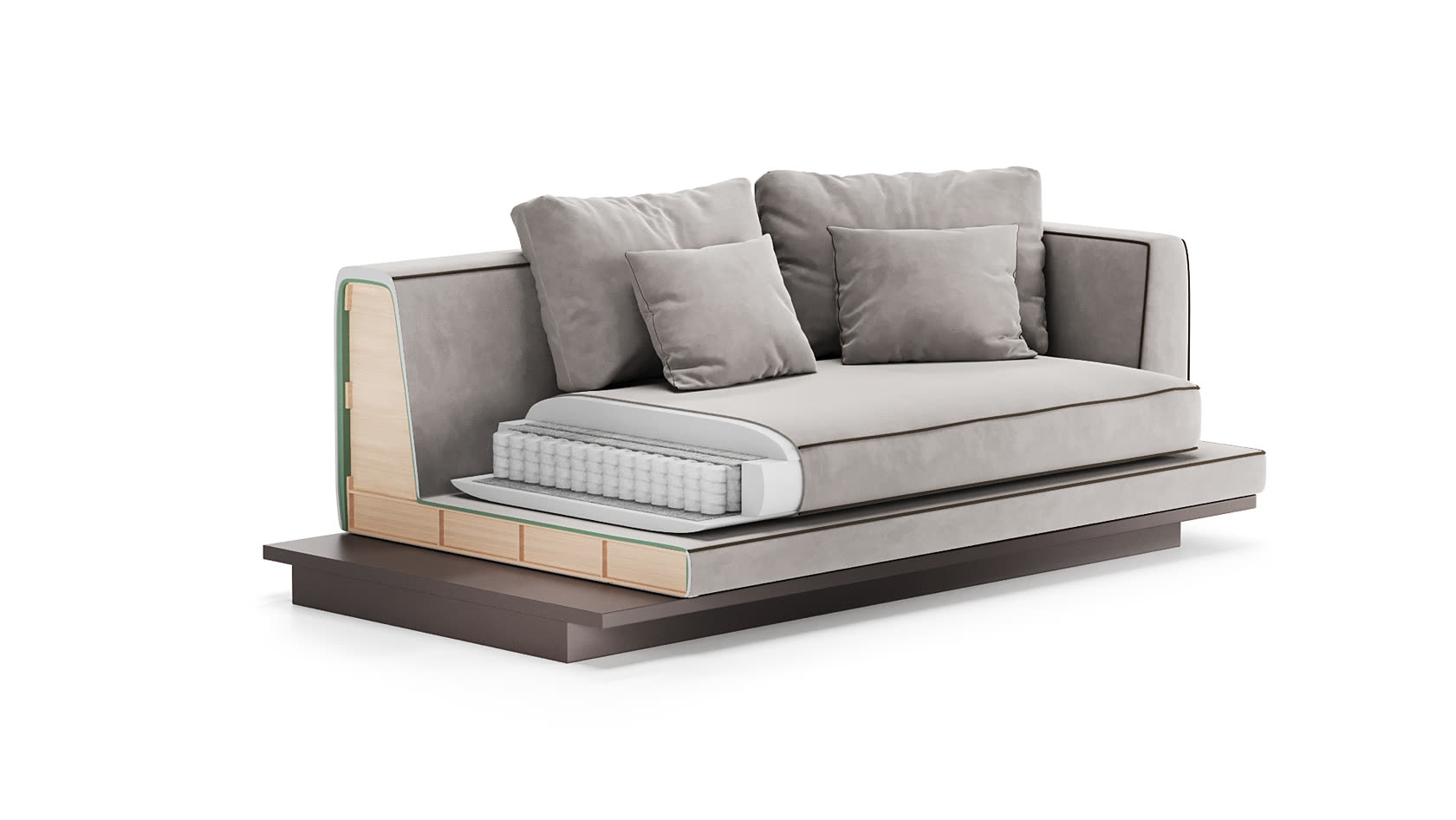 A sofa cutaway: the wooden frame, filling and spring block are visible against a white background