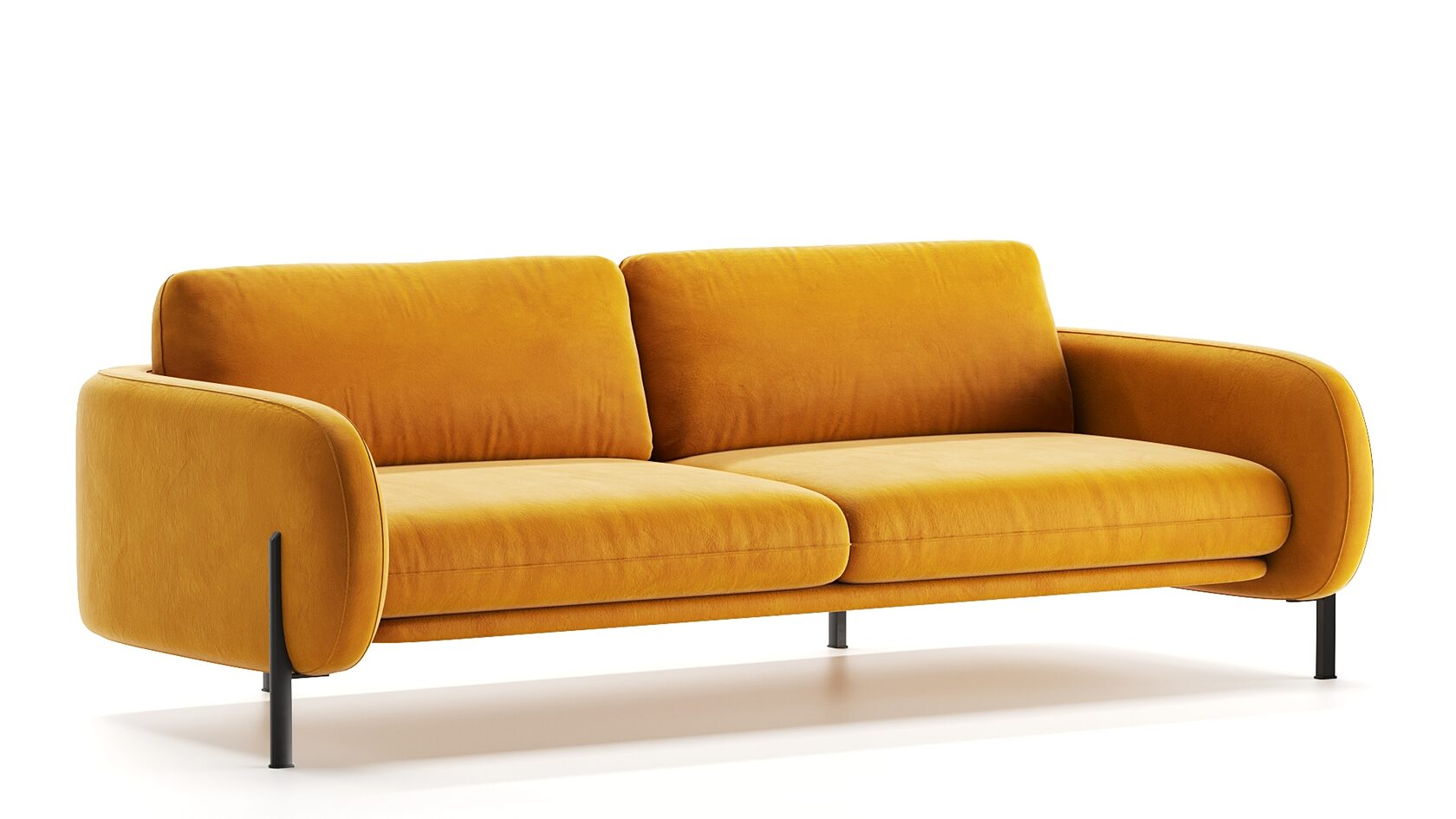 A three-seat yellow sofa on black metal legs against a white background