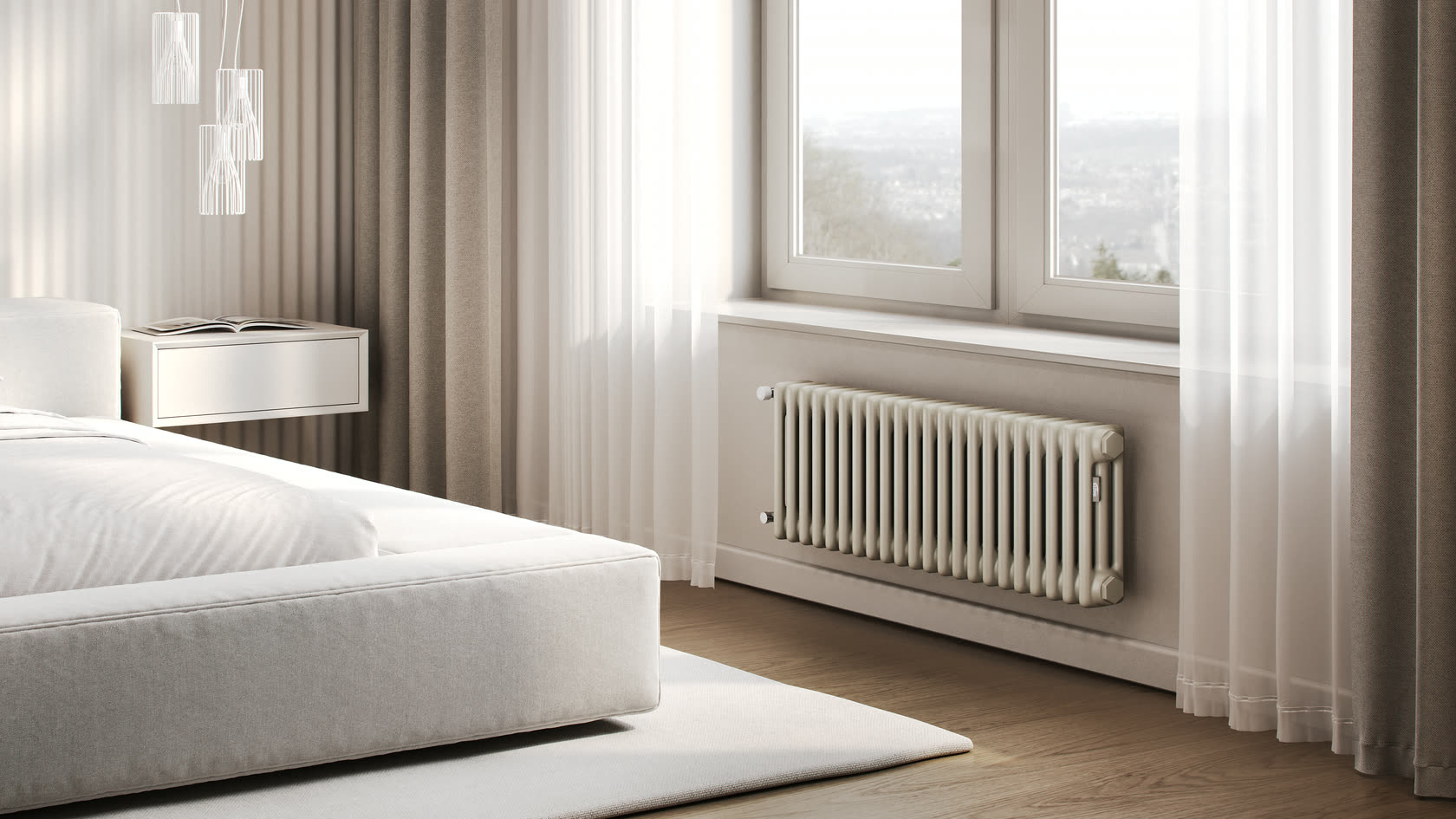 KERMI RRN3035 tubular radiator in a bedroom interior — under the window