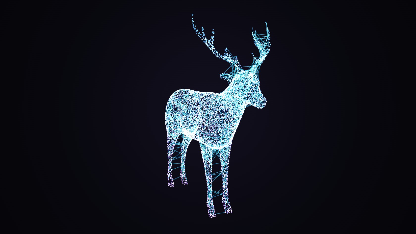 A deer made of glowing points on a dark background, with lines tracing its silhouette