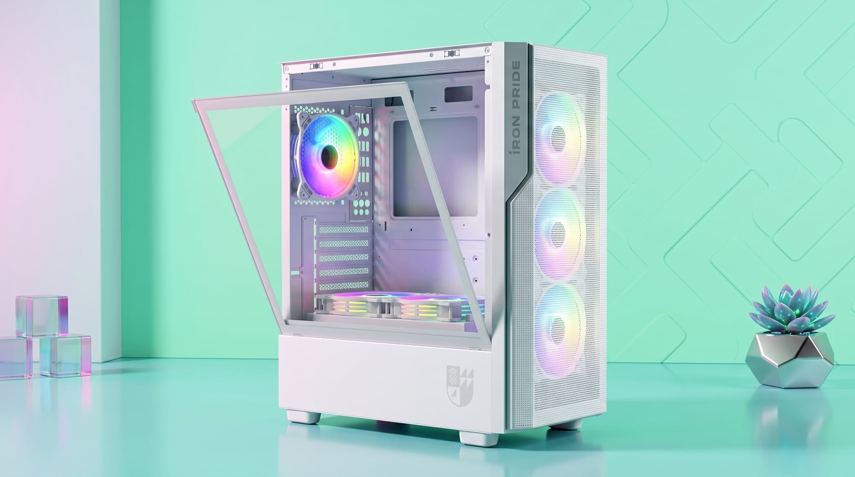 Prime Box Z14 case with open side panel, white, studio render