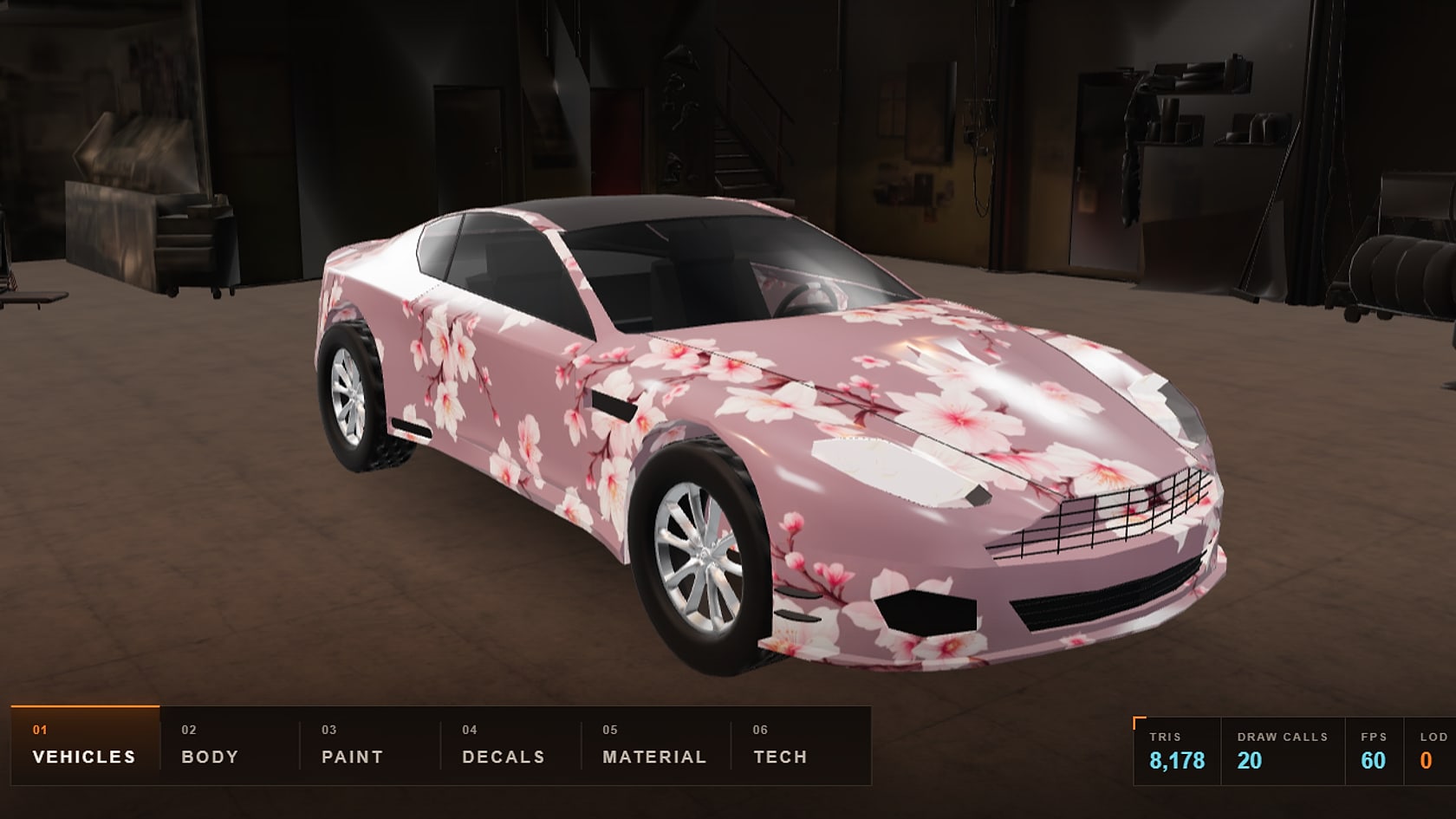 A cherry-blossom coupe in the garage — the configurator section row and scene counters under the 3D scene