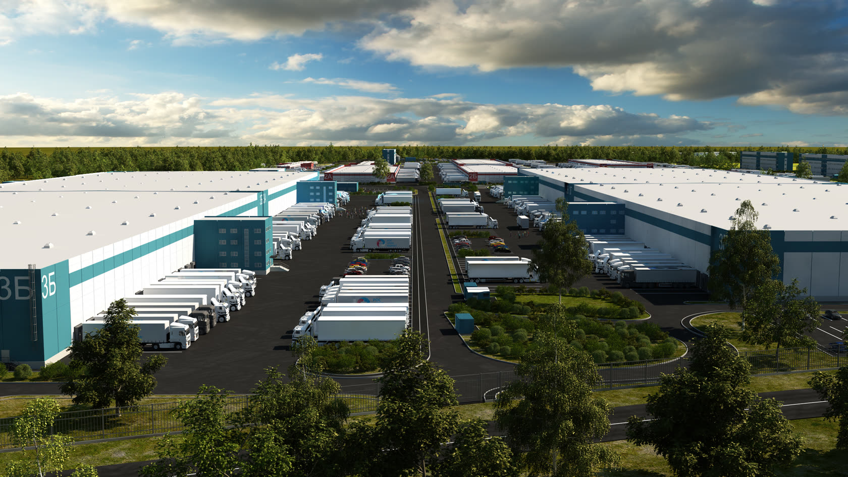 Complex exterior — parking and driveways between buildings, vehicles on the lots