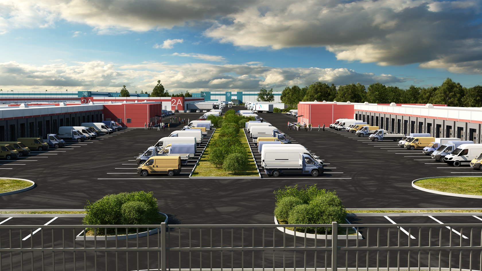 Complex exterior — buildings and landscaped zones at street level