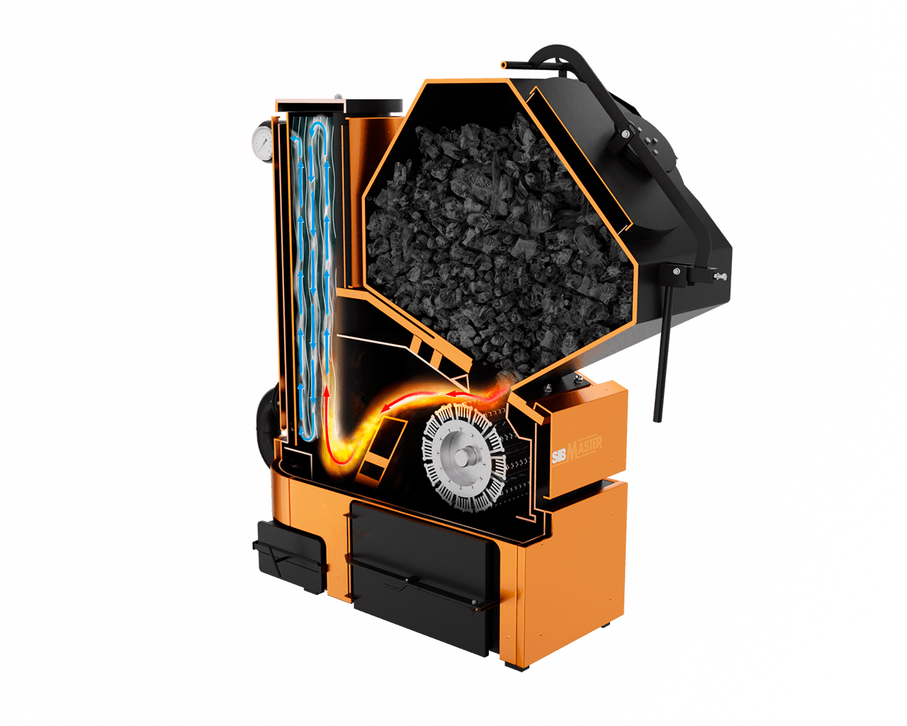 Combustion process in a SibMaster boiler: flame and the path of heat through the channels