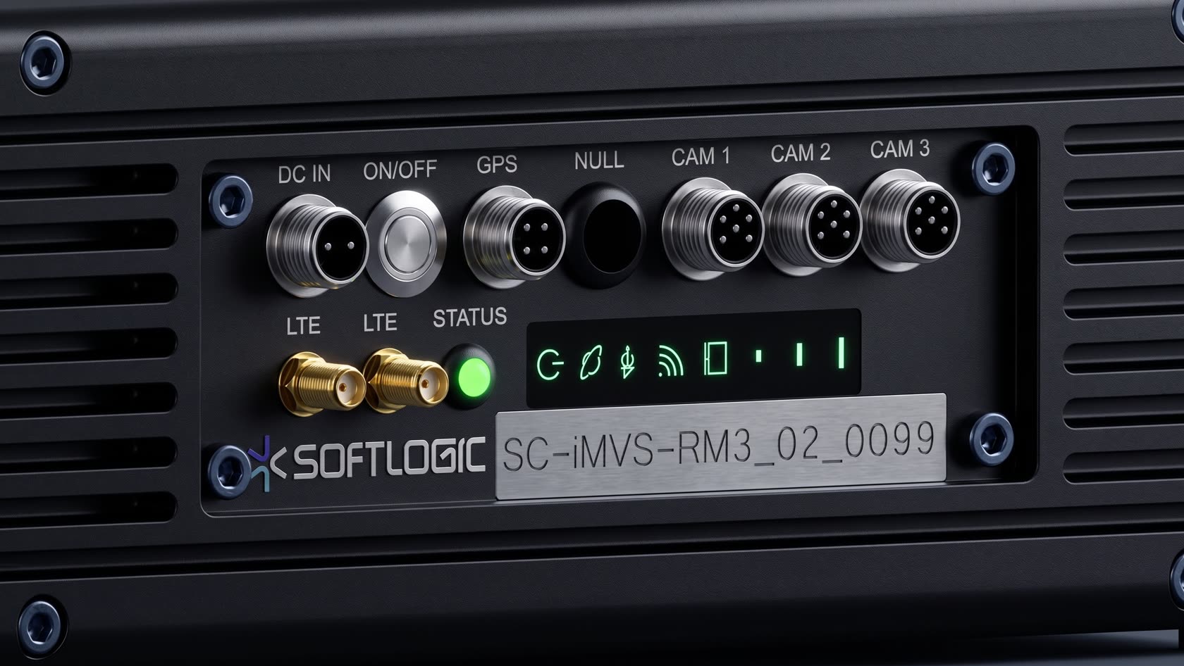 SC-iMVS-RM3 front panel close-up: DC IN, GPS and CAM 1-3 connectors, LTE antennas, the STATUS indicator and the SC-iMVS-RM3 model