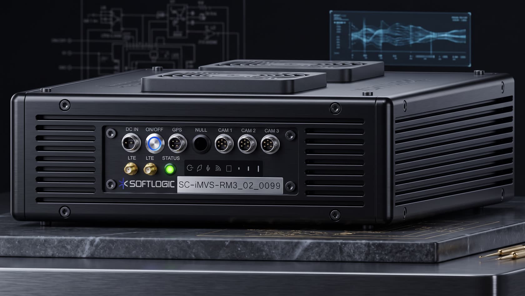 SC-iMVS-RM3 complex on a marble slab — the front panel with DC IN, GPS, CAM 1-3 and LTE connectors and the STATUS indicator