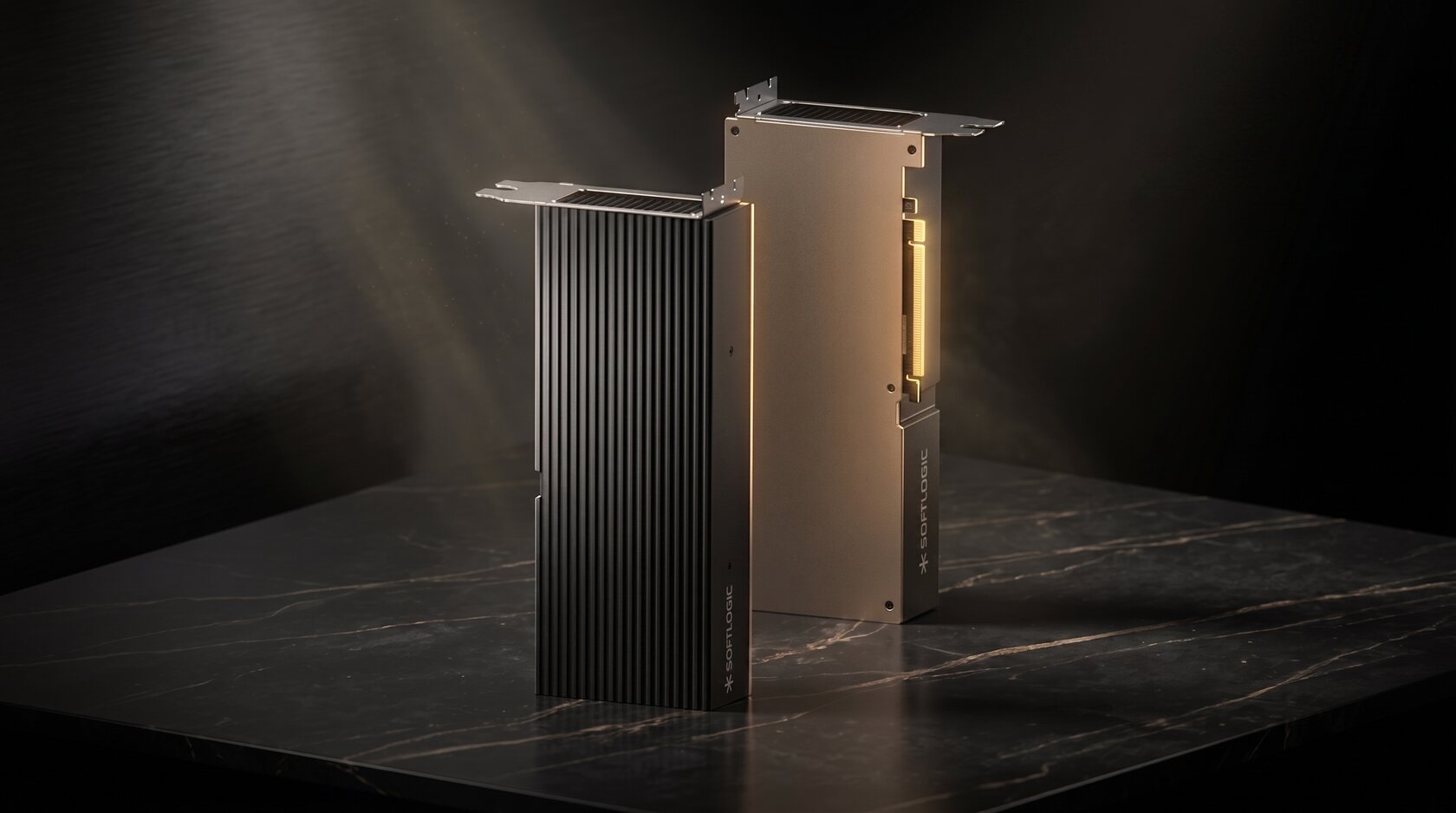 Two IVS-SC11 FP300-I AI accelerator cards with heatsinks on a dark marble surface