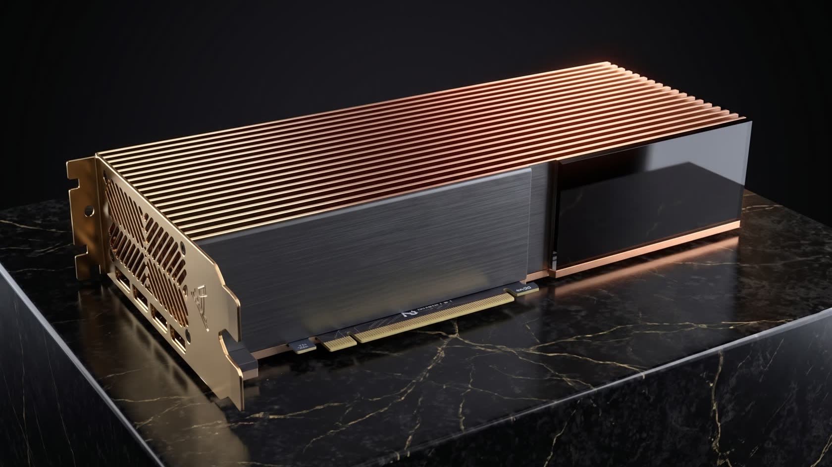 IVS-SC11 FP300-I AI accelerator card with a copper heatsink on a marble pedestal against a black background