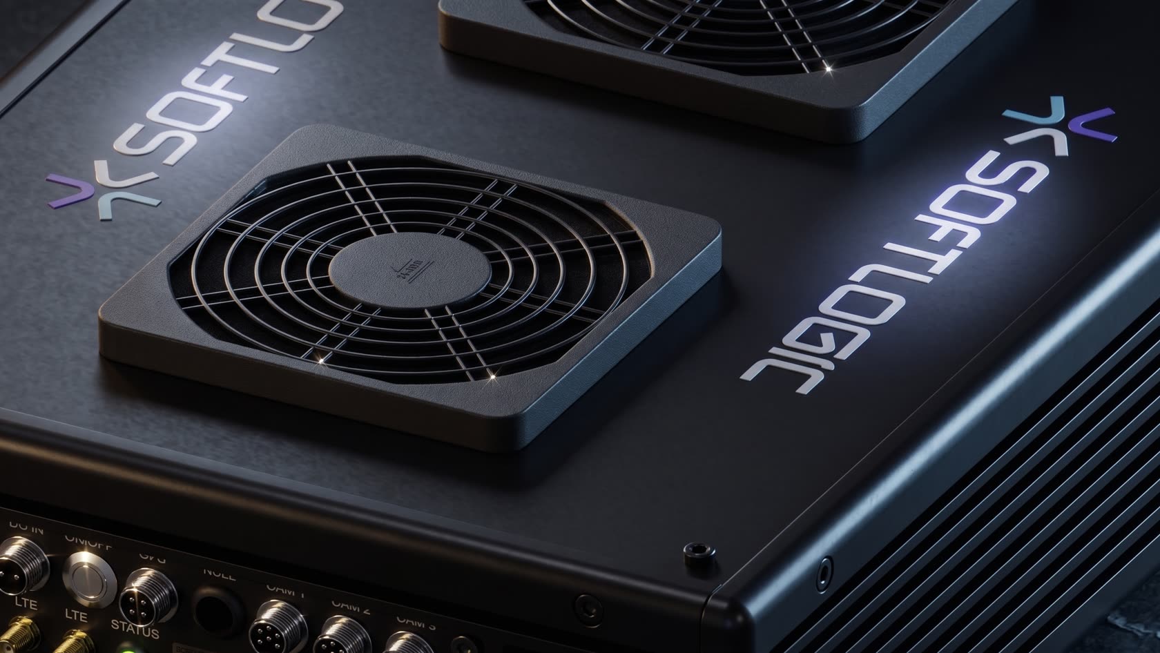 Top view of the SC-iMVS-RM3 complex — two cooling fans, the logo and the front panel with connectors