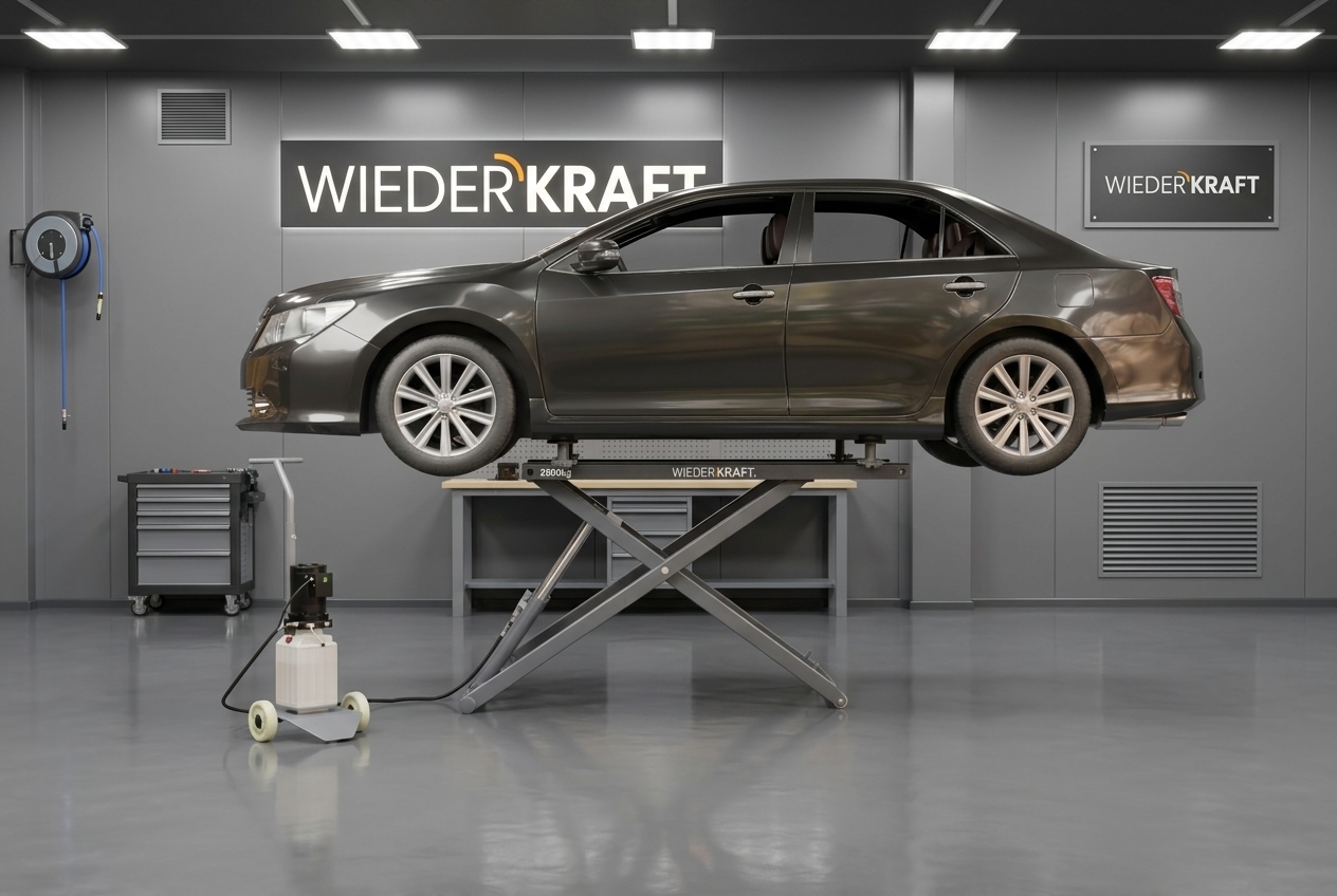 A sedan on a Wiederkraft scissor lift in a bright service bay with the logo on the wall