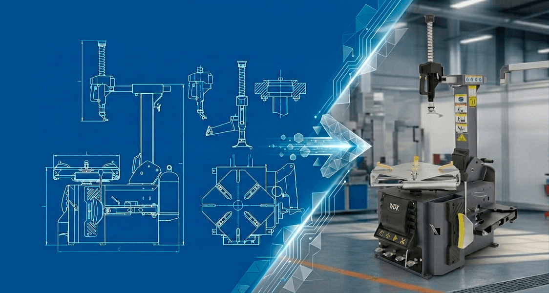 A tyre changer on a blue background — technical projections on the left, a photoreal model in the workshop on the right