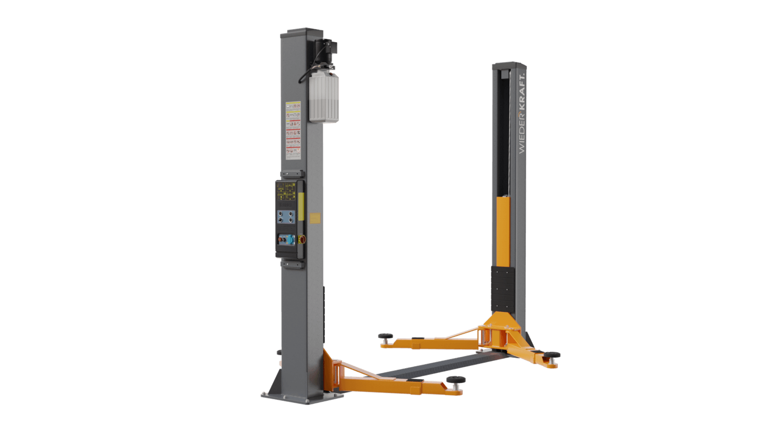 Two Wiederkraft two-post lifts in grey and orange against a white background
