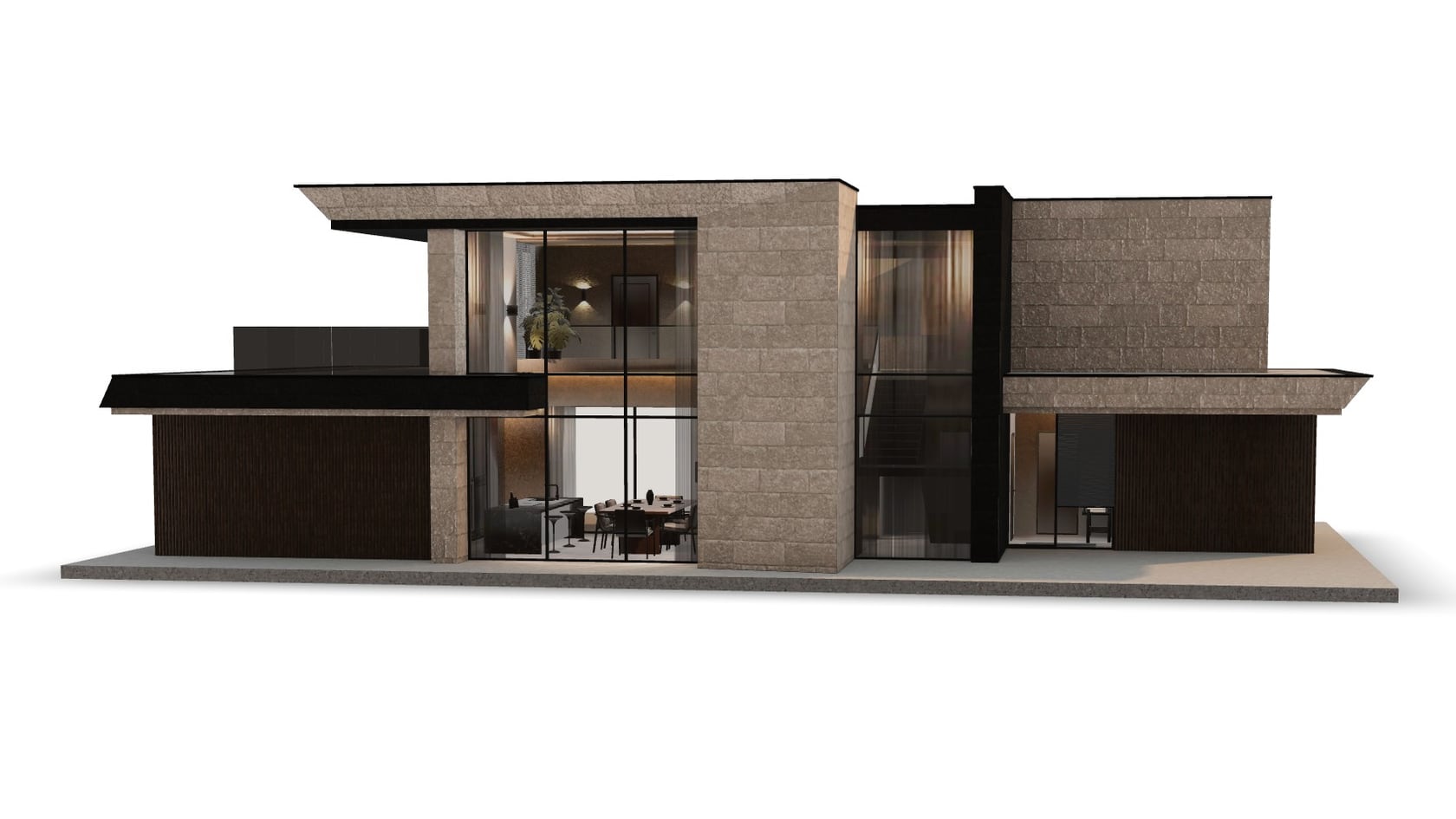 A cottage from the E collection on the Hilbert website — a facade of full-height glazing with the interiors visible through it