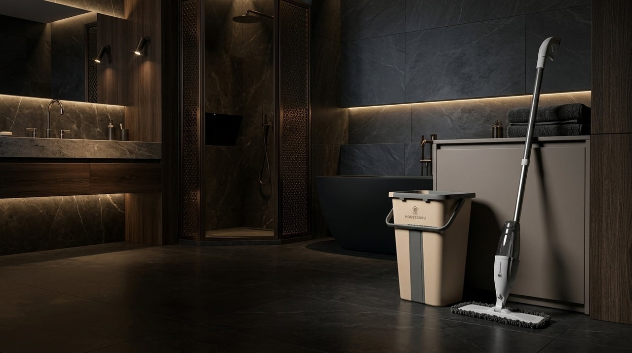A House Guru mop and bucket in a dark bathroom interior